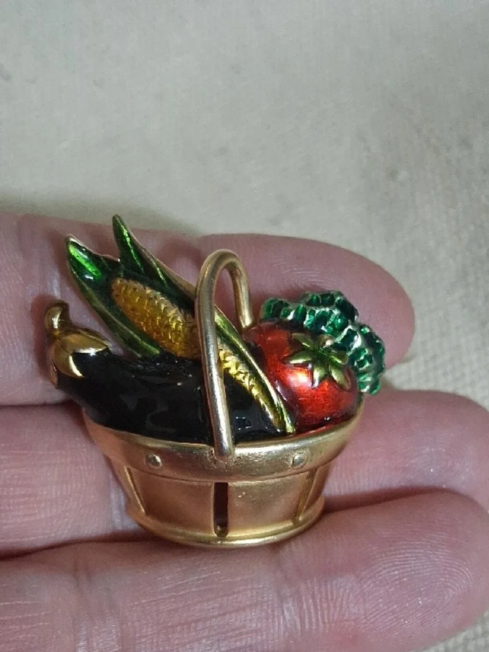 Fall Harvest Gold Basket of  Fruit Enamel Brooch Green and Red